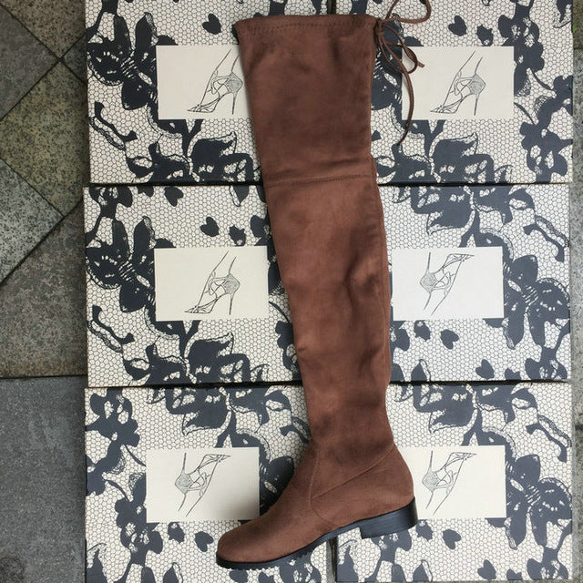 Stretch Faux Suede Thigh High Boots Women